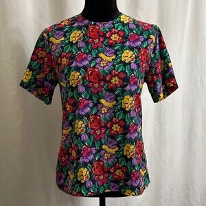 Vintage 80s Notations Floral Petite Size 6 Short Sleeve Blouse